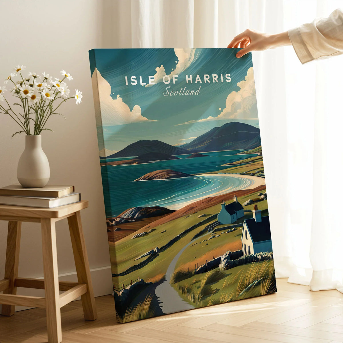 Isle of Harris Scotland Beach Print - Scenic Coastal Wall Art on stretched canvas with mirror-wrap edges, held by hand in a room setting