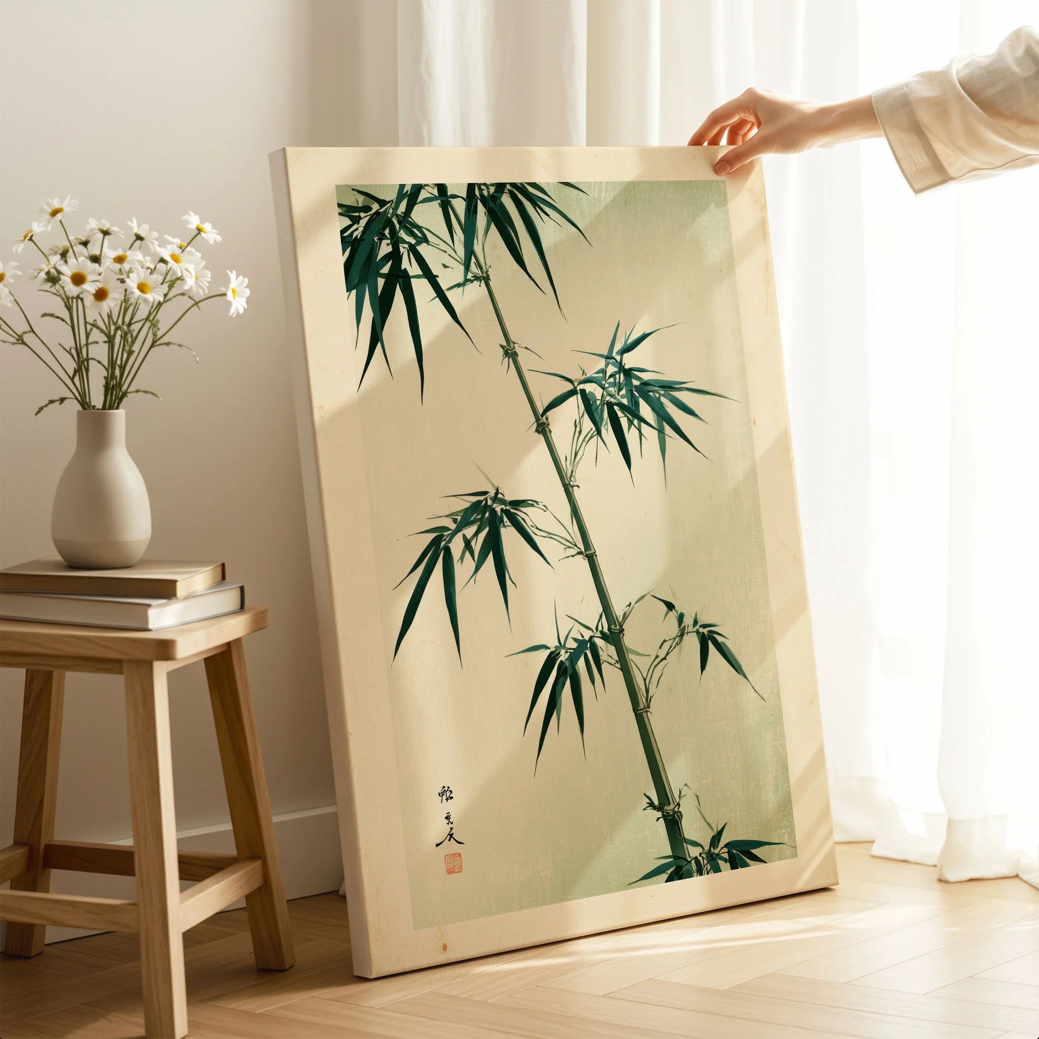 Green Bamboo Art Print – Japanese Botanical Wall Art — canvas print mirror edge hand holding room setting