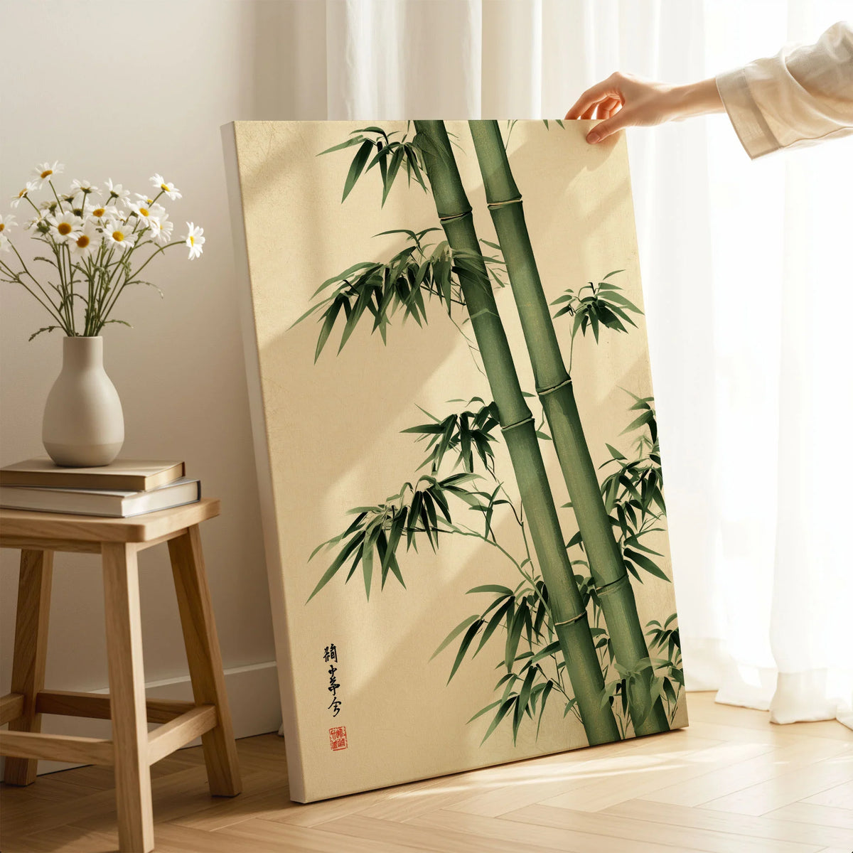 Bamboo Art Print – Green Japanese Botanical Wall Art — canvas print mirror edge hand holding room setting