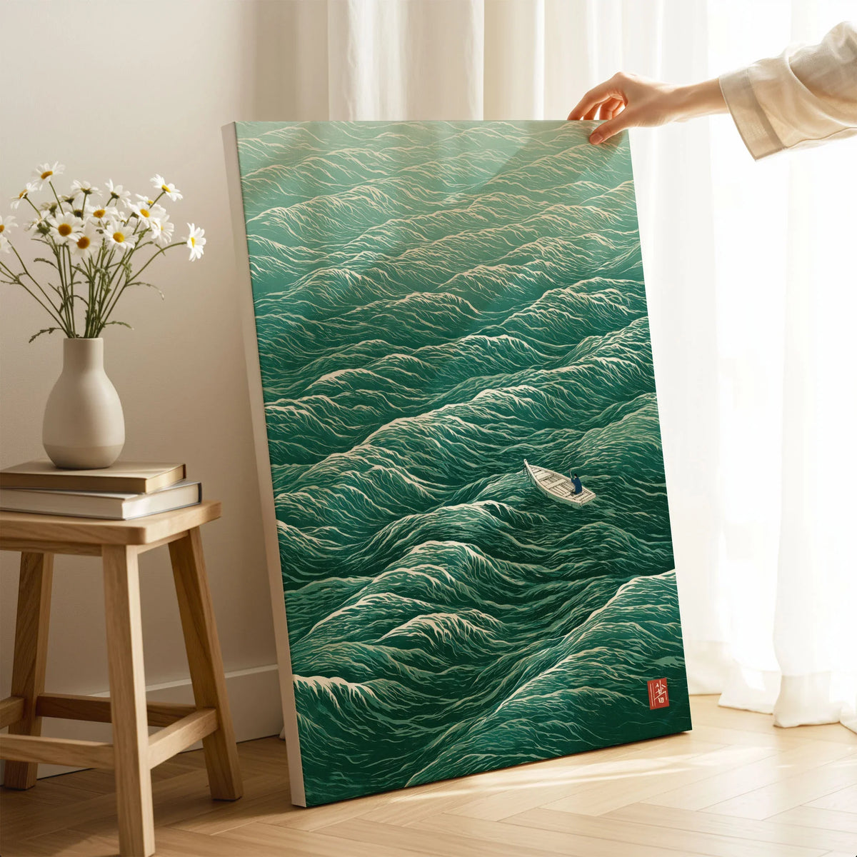 Lone Boat Art Print – Japanese Ocean Wall Art — canvas print mirror edge hand holding room setting