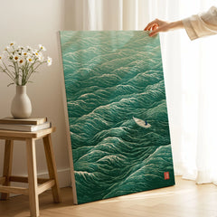 Lone Boat Art Print – Japanese Ocean Wall Art — canvas print mirror edge hand holding room setting