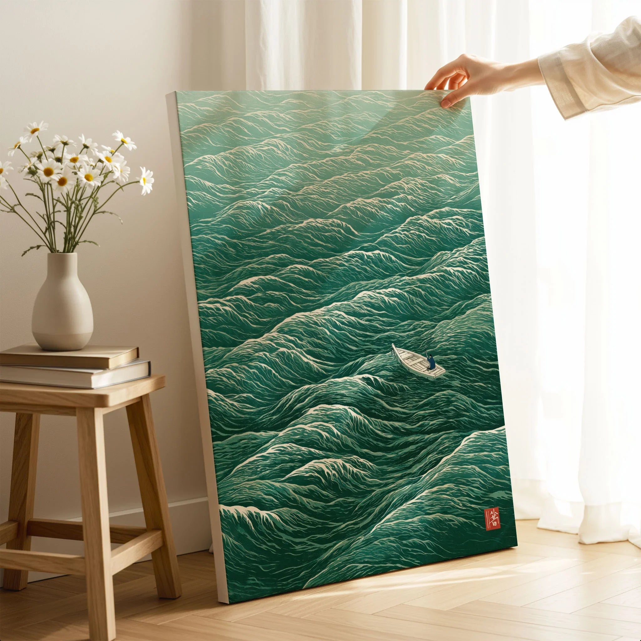 Lone Boat Art Print – Japanese Ocean Wall Art — canvas print mirror edge hand holding room setting