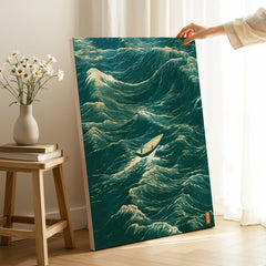Fishing Boat Wall Art – Vintage Japanese Ocean Print — canvas print mirror edge hand holding room setting