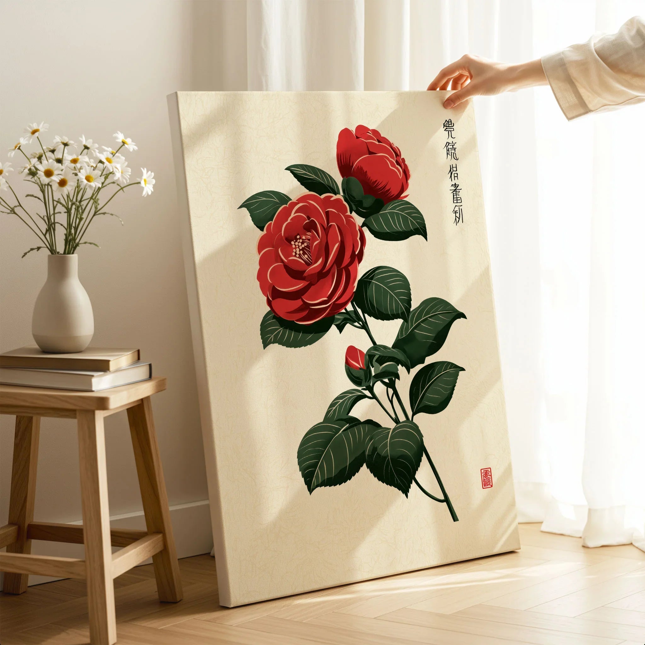 Red Camellia Art Print – Japanese Botanical Wall Art — canvas print mirror edge hand holding room setting
