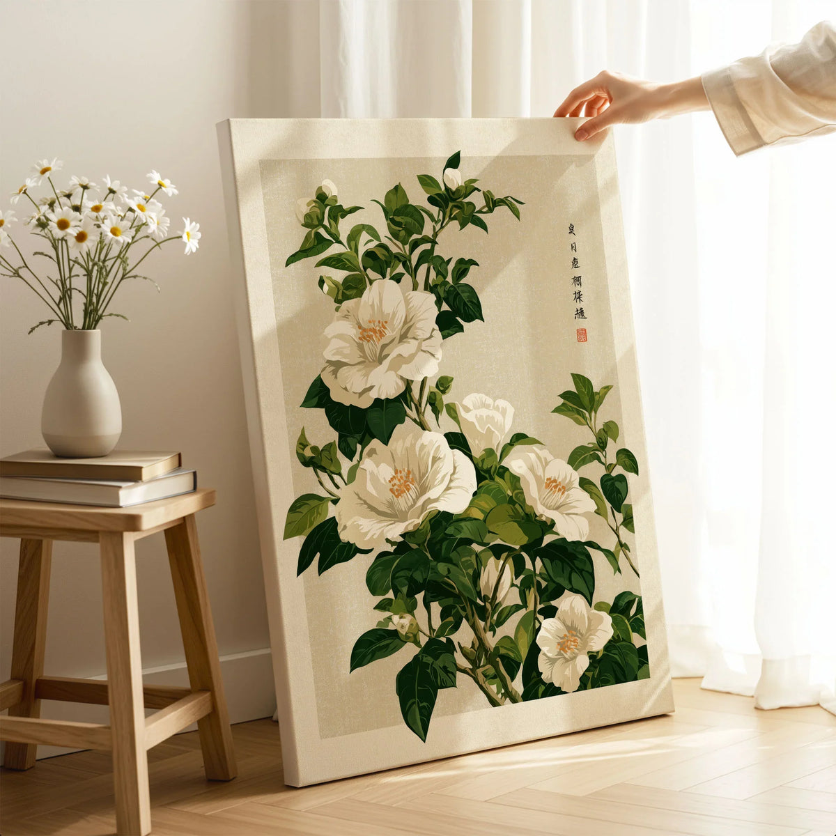 White Camellia Art Print – Vintage Japanese Botanical Wall Art — canvas print mirror edge hand holding room setting