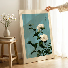 Camellia Wall Art – Blue Japanese Botanical Print — canvas print mirror edge hand holding room setting