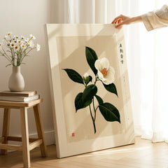 White Camellia Wall Art – Minimalist Japanese Botanical Print — canvas print mirror edge hand holding room setting