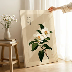 Camellia Art Print – Vintage Japanese Flower Wall Art — canvas print mirror edge hand holding room setting