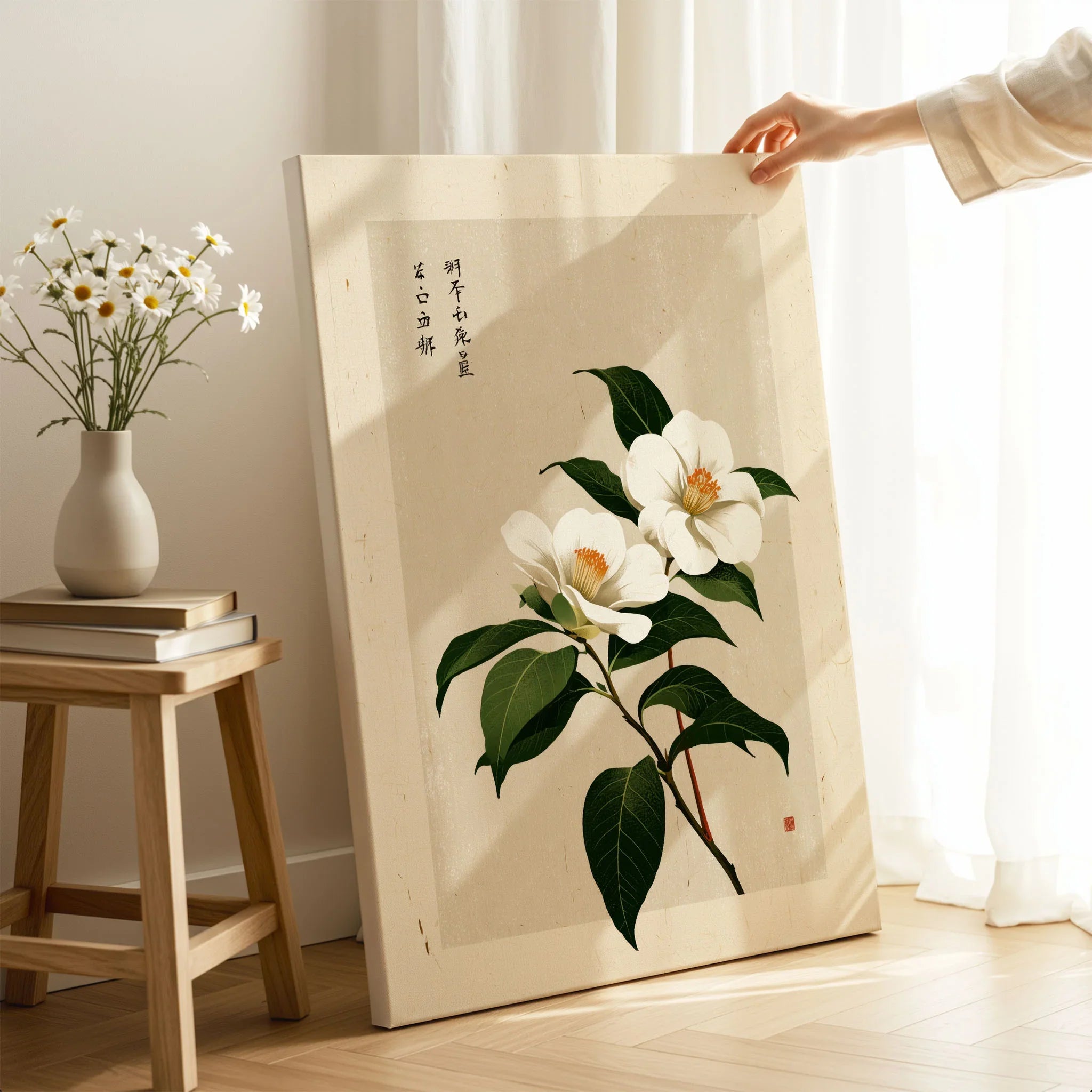 Camellia Art Print – Vintage Japanese Flower Wall Art — canvas print mirror edge hand holding room setting