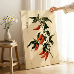 Red Chilli Art Print – Japanese Botanical Kitchen Wall Art — canvas print mirror edge hand holding room setting