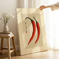 Chilli Pepper Wall Art – Minimalist Japanese Kitchen Print — canvas print mirror edge hand holding room setting