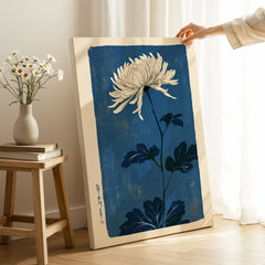 Chrysanthemum Art Print – Blue Japanese Botanical Wall Art — canvas print mirror edge hand holding room setting