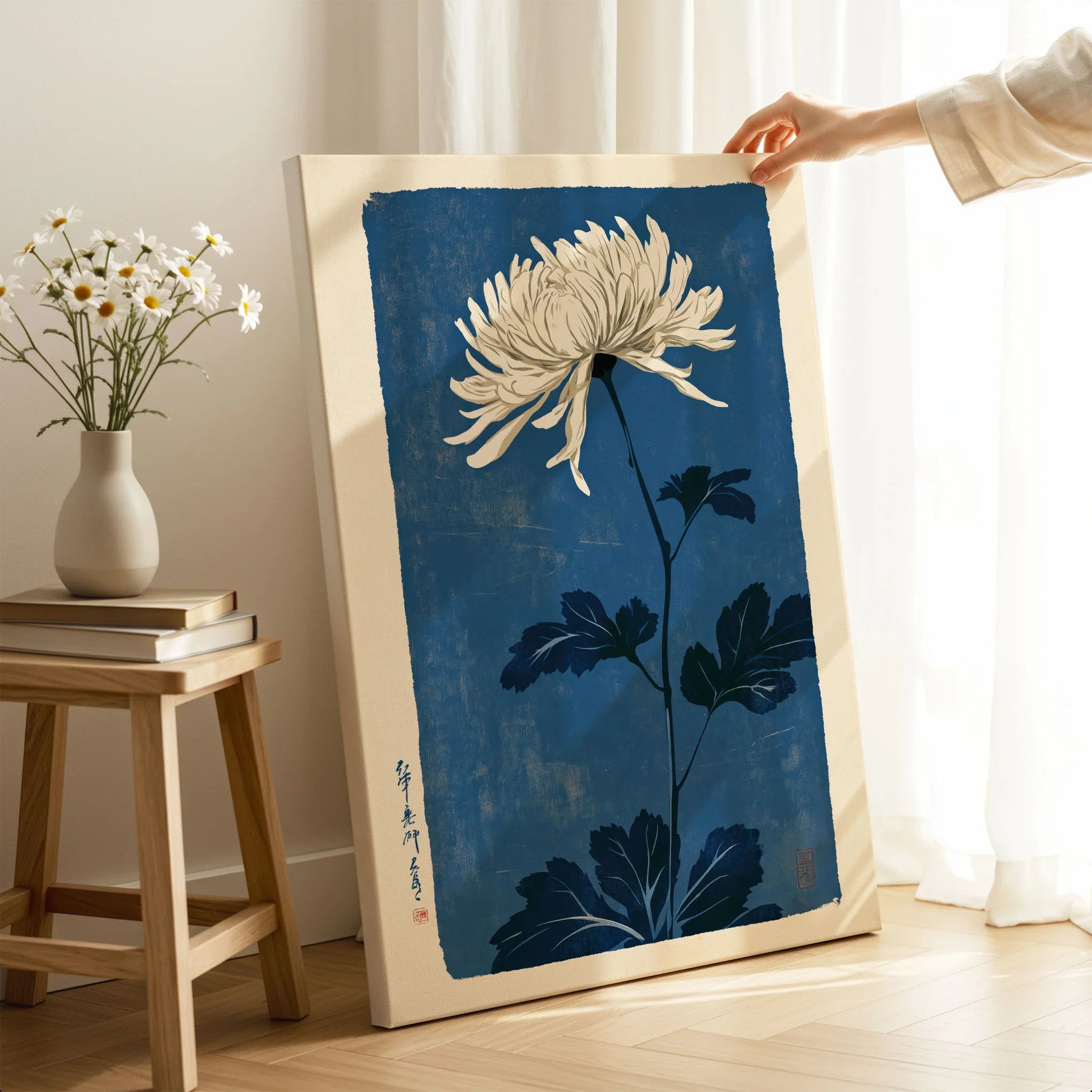 Chrysanthemum Art Print – Blue Japanese Botanical Wall Art — canvas print mirror edge hand holding room setting