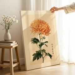 Orange Chrysanthemum Art Print – Vintage Japanese Wall Art — canvas print mirror edge hand holding room setting
