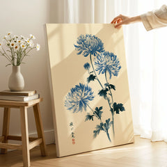 Blue Chrysanthemum Art Print – Japanese Botanical Wall Art — canvas print mirror edge hand holding room setting