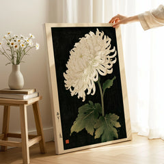White Chrysanthemum Wall Art – Black Japanese Botanical Print — canvas print mirror edge hand holding room setting