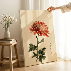Red Chrysanthemum Art Print – Vintage Japanese Flower Wall Art — canvas print mirror edge hand holding room setting