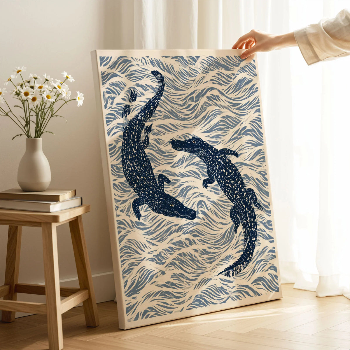 Crocodile Art Print – Blue Japanese Woodblock Wall Art — canvas print mirror edge hand holding room setting