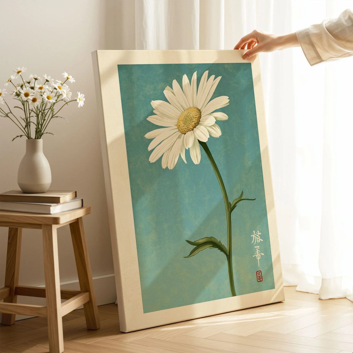 Daisy Art Print – Blue Japanese Botanical Wall Art — canvas print mirror edge hand holding room setting