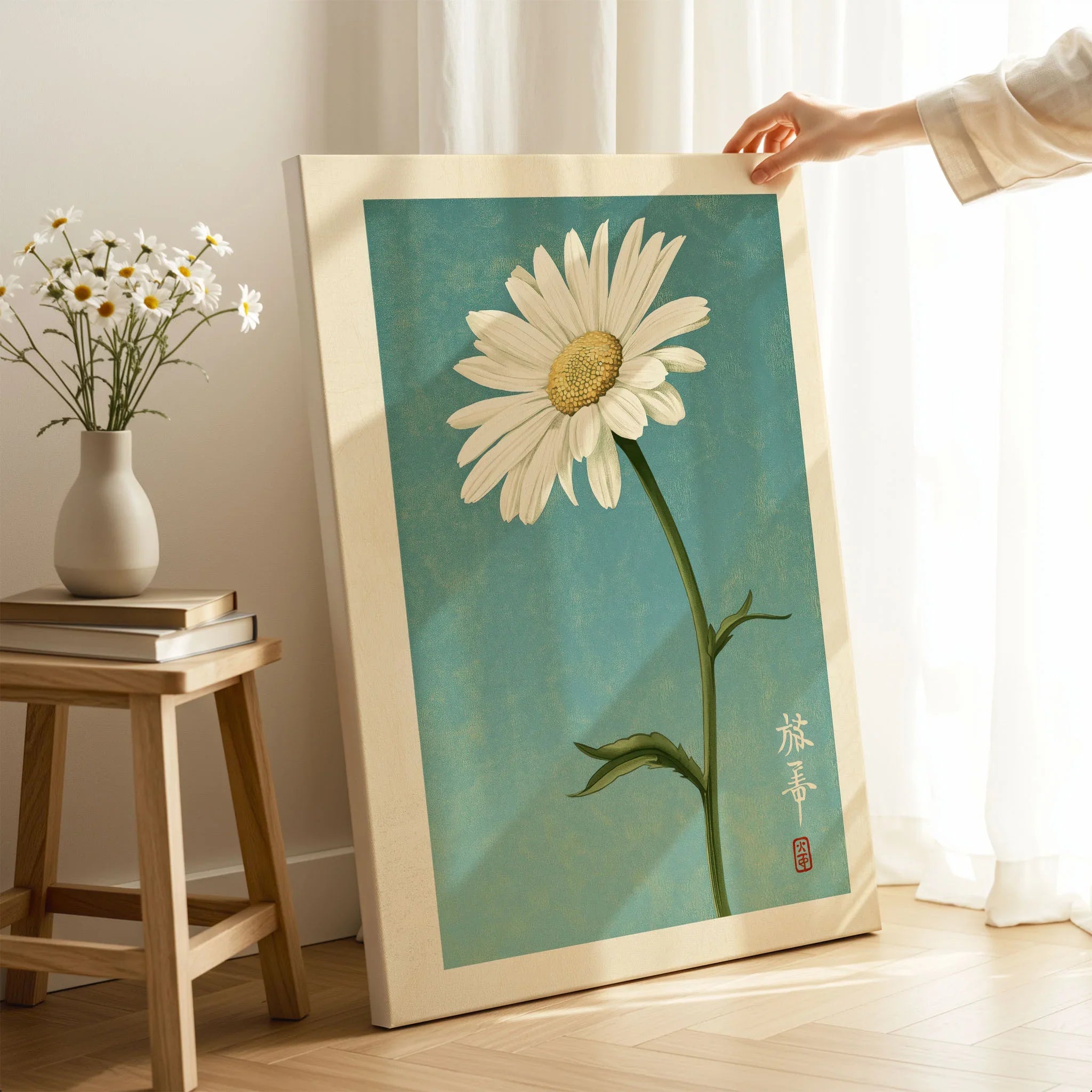 Daisy Art Print – Blue Japanese Botanical Wall Art — canvas print mirror edge hand holding room setting