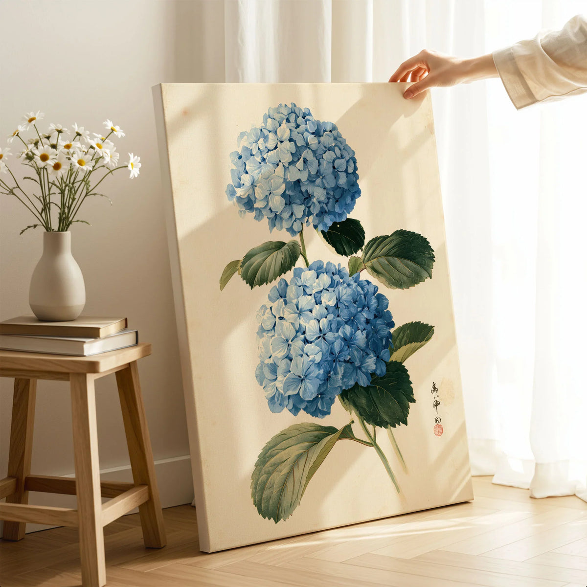 Blue Hydrangea Art Print – Japanese Botanical Wall Art — canvas print mirror edge hand holding room setting