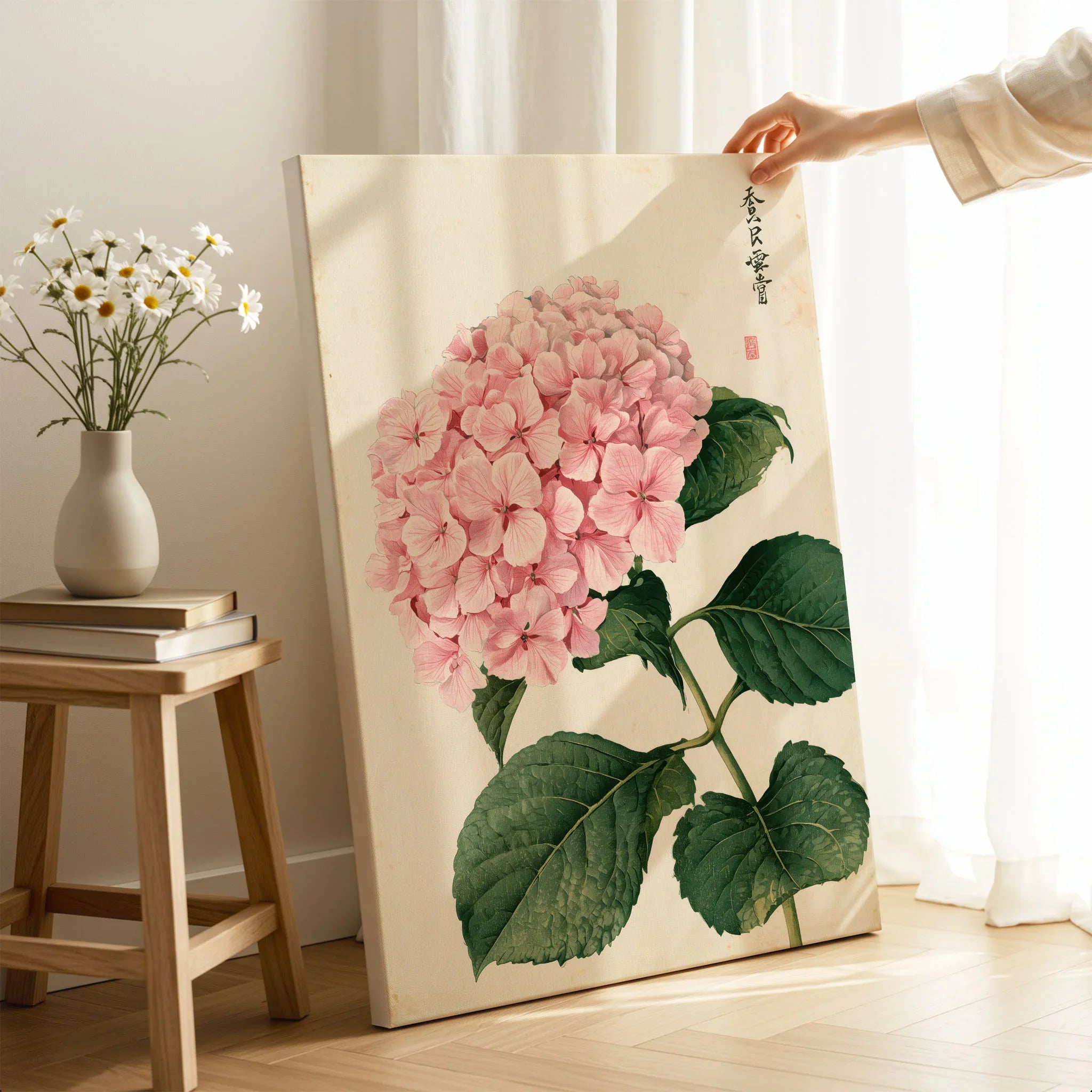 Pink Hydrangea Art Print – Vintage Japanese Botanical Wall Art — canvas print mirror edge hand holding room setting
