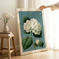 White Hydrangea Wall Art – Blue Japanese Botanical Print — canvas print mirror edge hand holding room setting