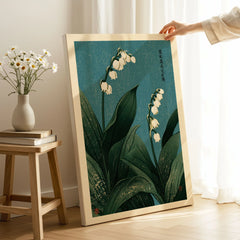 Lily of the Valley Wall Art – Vintage Japanese Botanical Print — canvas print mirror edge hand holding room setting