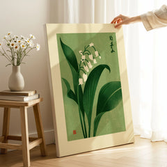 Lily of the Valley Art Print – Green Japanese Botanical Wall Art — canvas print mirror edge hand holding room setting
