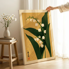 Lily of the Valley Print – Gold Japanese Botanical Wall Art — canvas print mirror edge hand holding room setting