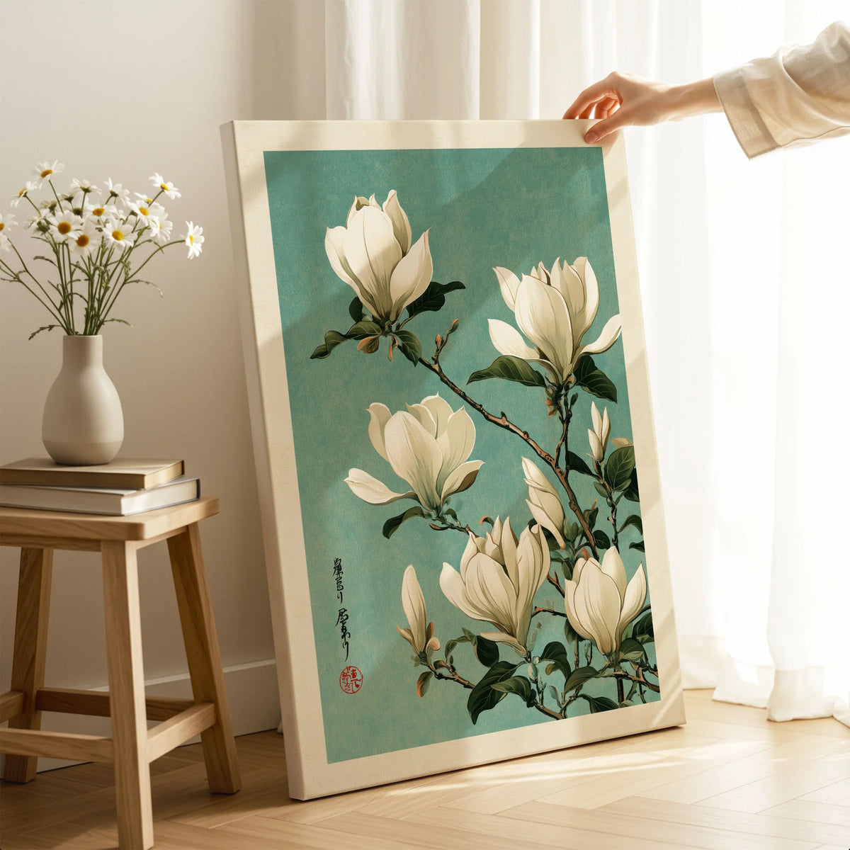 Magnolia Art Print – Blue Japanese Botanical Wall Art — canvas print mirror edge hand holding room setting