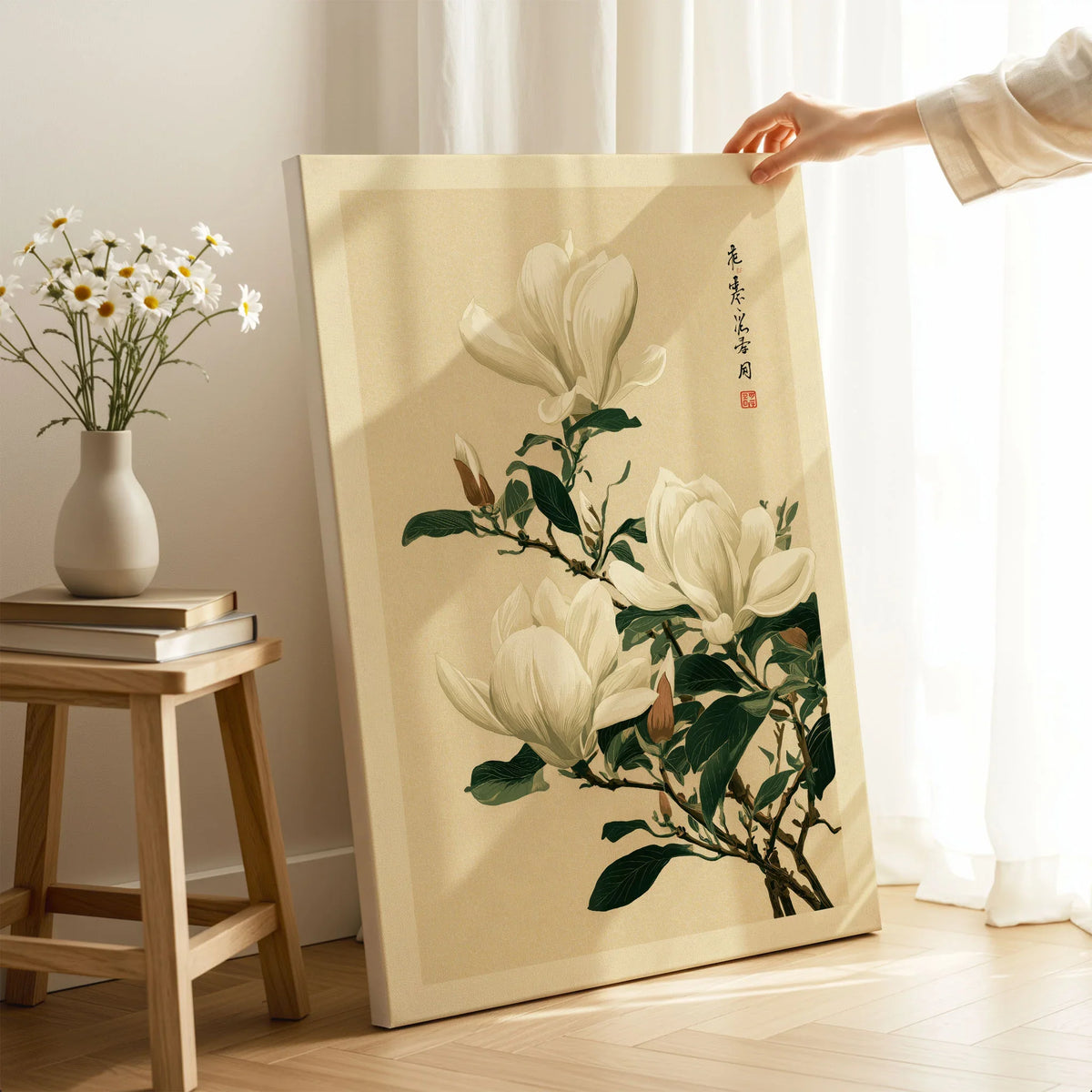 Magnolia Wall Art – Vintage Japanese Botanical Print — canvas print mirror edge hand holding room setting