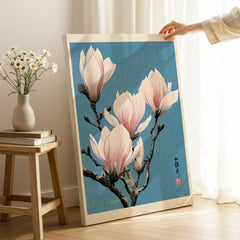 Pink Magnolia Art Print – Blue Japanese Botanical Wall Art — canvas print mirror edge hand holding room setting