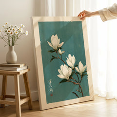 White Magnolia Art Print – Teal Japanese Botanical Wall Art — canvas print mirror edge hand holding room setting