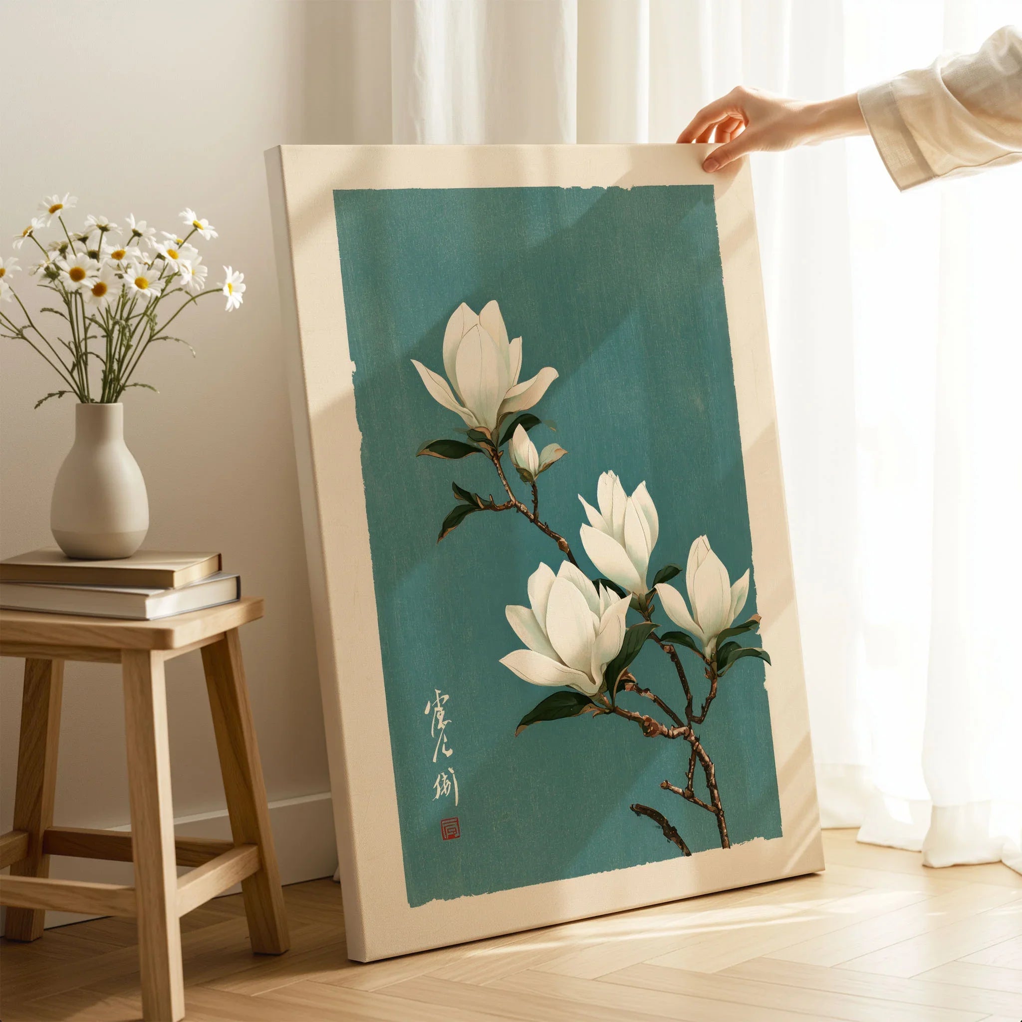 White Magnolia Art Print – Teal Japanese Botanical Wall Art — canvas print mirror edge hand holding room setting