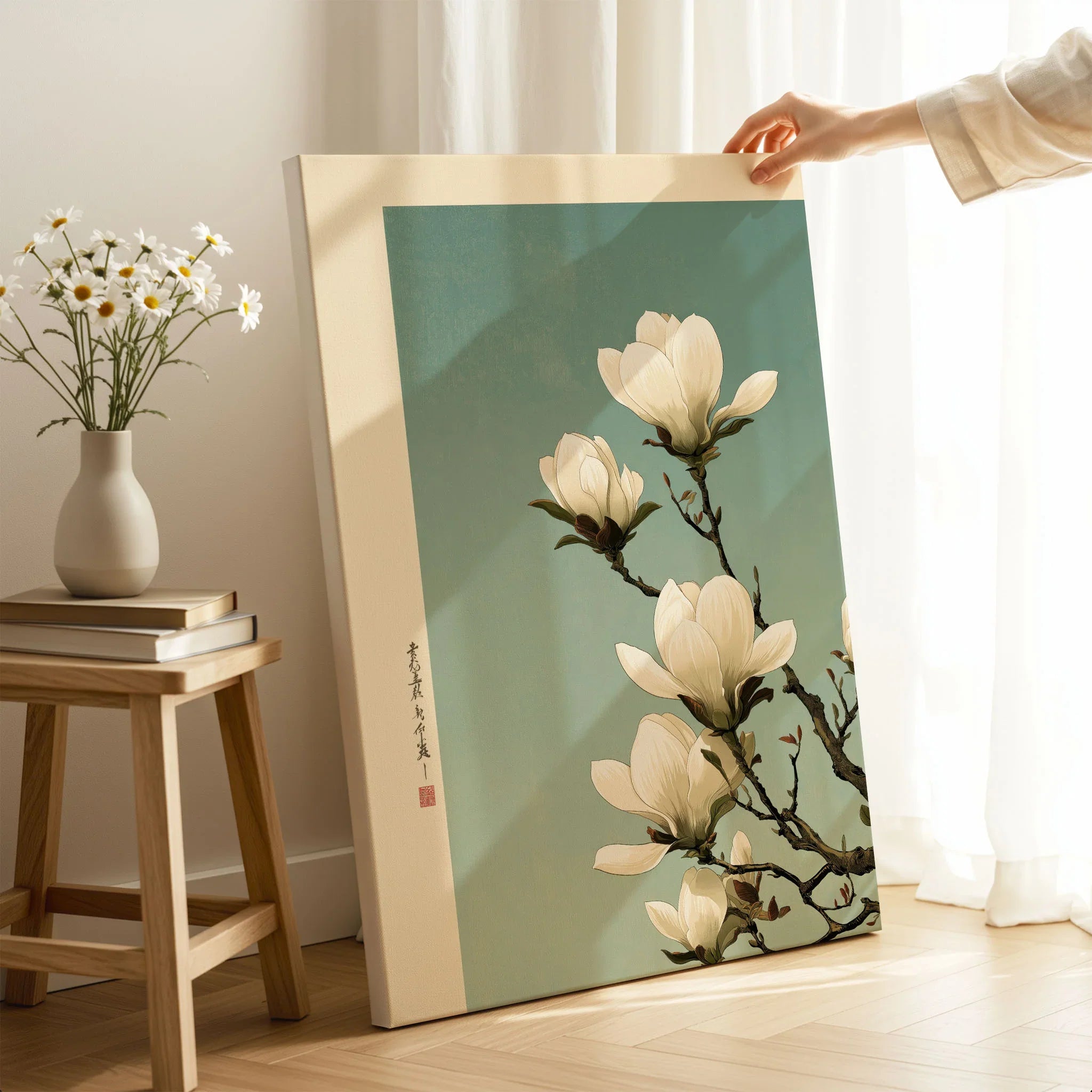 Magnolia Blossom Art Print – Soft Japanese Botanical Wall Art — canvas print mirror edge hand holding room setting