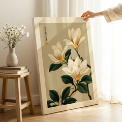 Magnolia Flower Wall Art – Neutral Japanese Botanical Print — canvas print mirror edge hand holding room setting