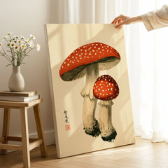 Fly Agaric Mushroom Art Print – Red Japanese Wall Art — canvas print mirror edge hand holding room setting