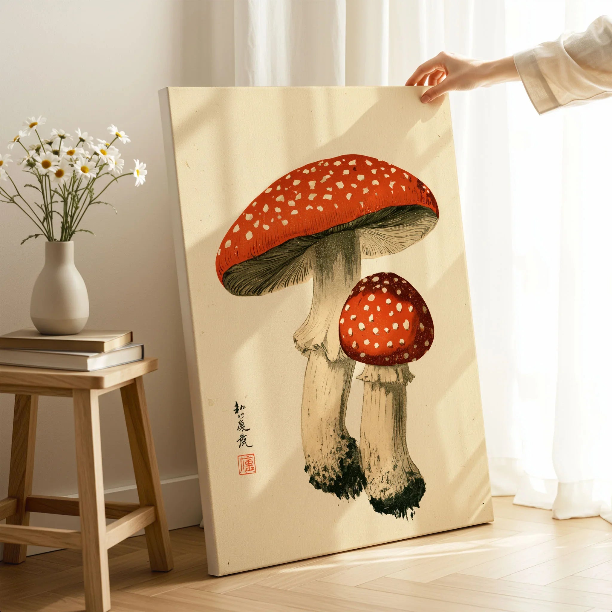 Fly Agaric Mushroom Art Print – Red Japanese Wall Art — canvas print mirror edge hand holding room setting