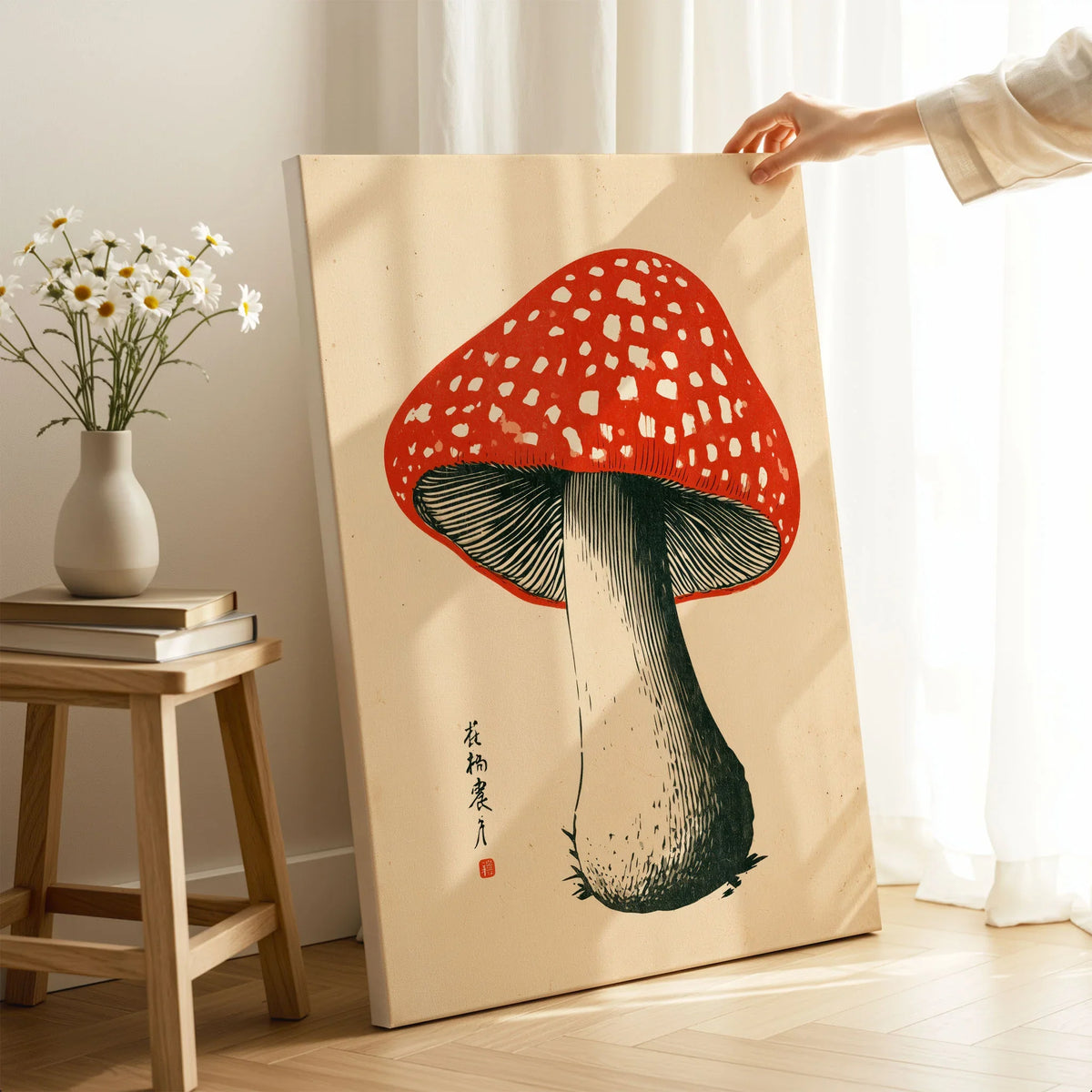 Red Mushroom Art Print – Japanese Woodblock Wall Art — canvas print mirror edge hand holding room setting