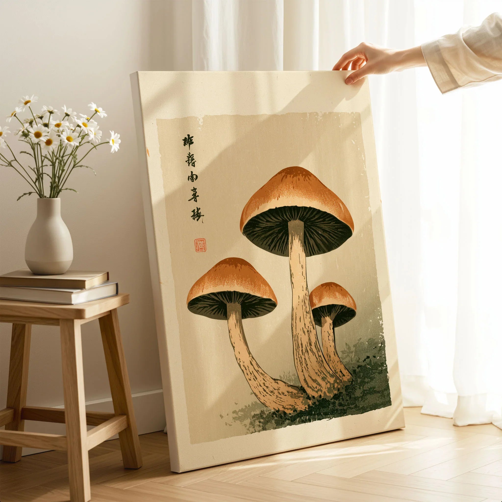 Mushroom Print – Japanese Forest Botanical Wall Art — canvas print mirror edge hand holding room setting