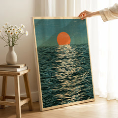Ocean Sunset Art Print – Japanese Seascape Wall Art — canvas print mirror edge hand holding room setting