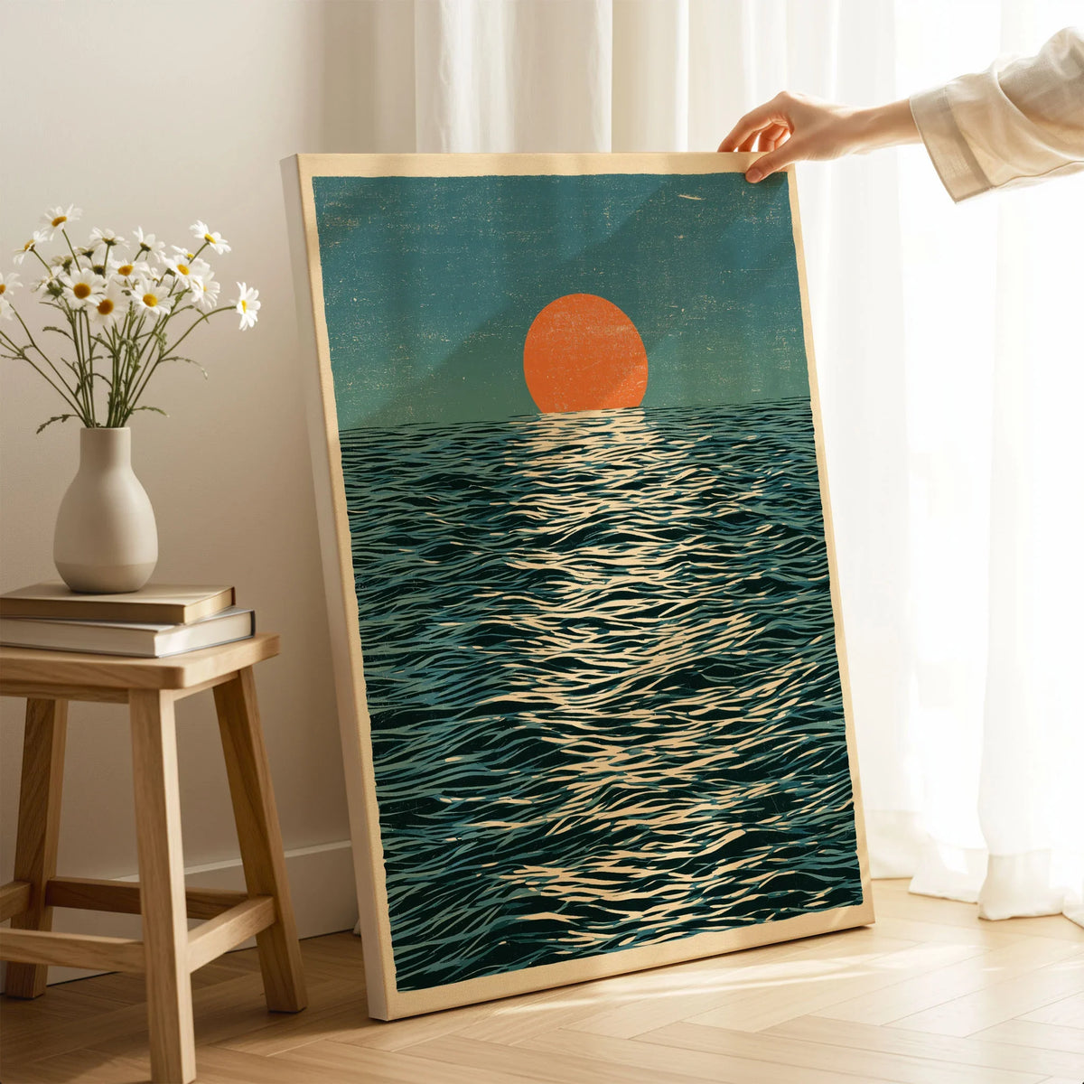 Ocean Sunset Art Print – Japanese Seascape Wall Art — canvas print mirror edge hand holding room setting