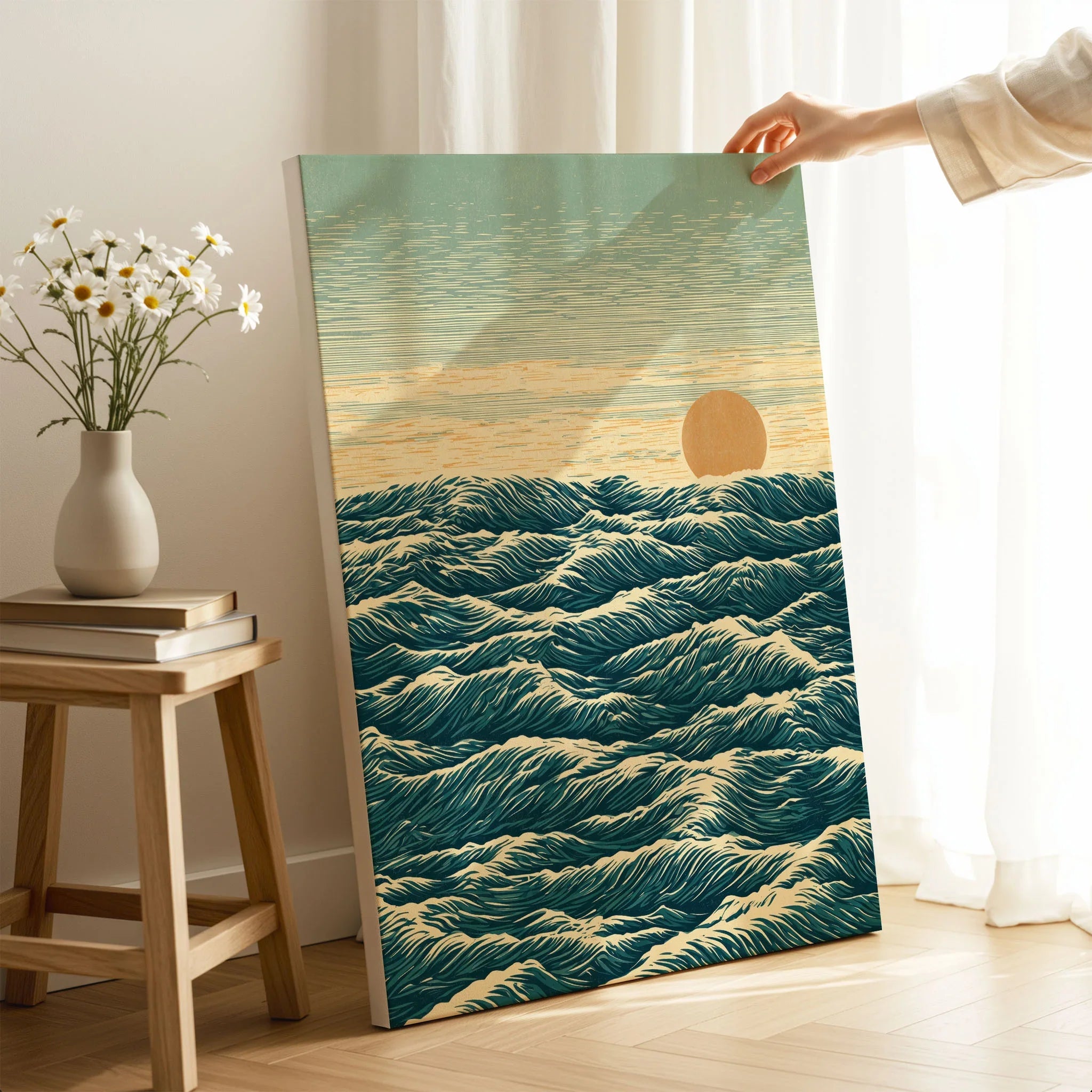 Japanese Ocean Art Print – Vintage Seascape Wall Art — canvas print mirror edge hand holding room setting