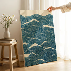 Ocean Waves Art Print – Blue Japanese Seascape Wall Art — canvas print mirror edge hand holding room setting