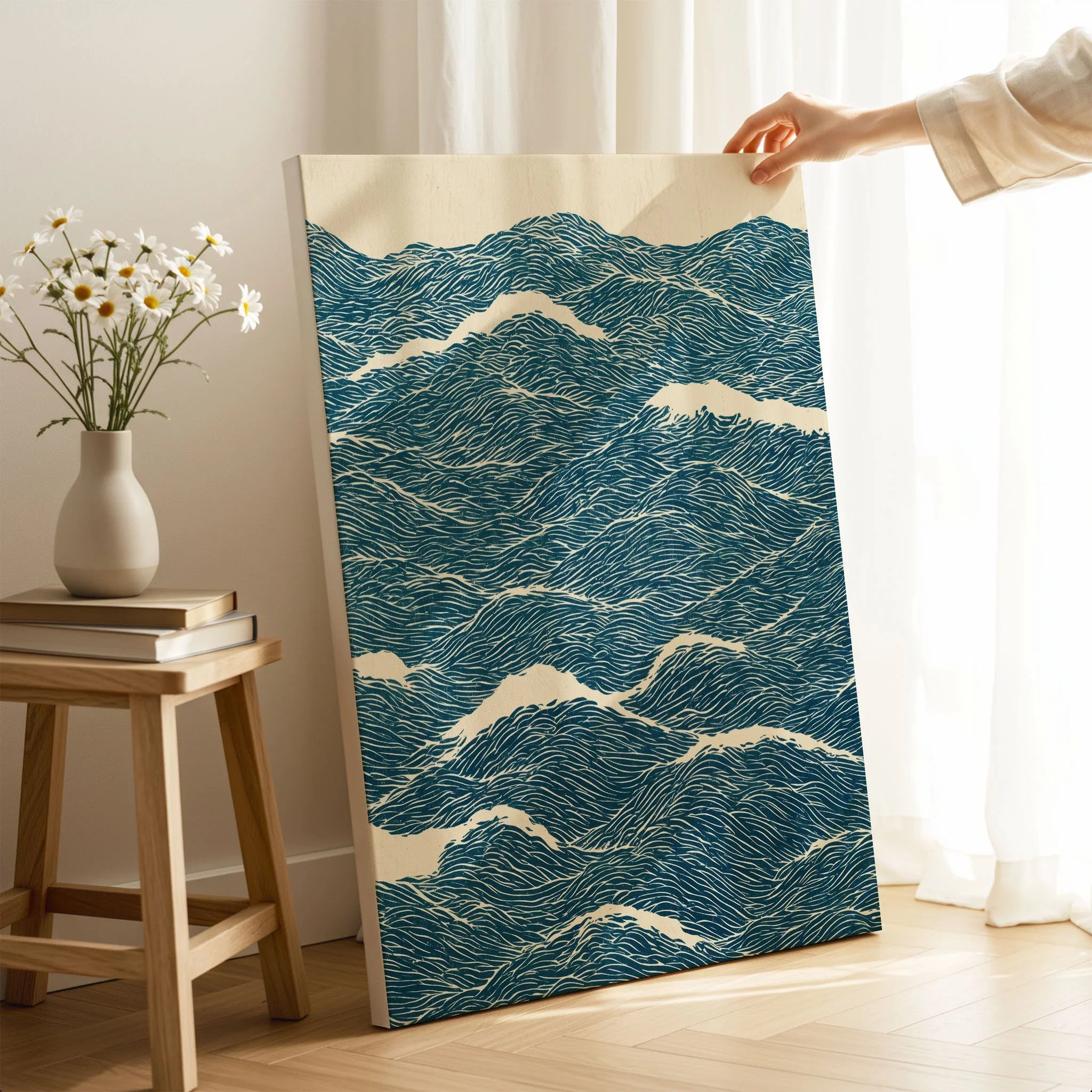 Ocean Waves Art Print – Blue Japanese Seascape Wall Art — canvas print mirror edge hand holding room setting