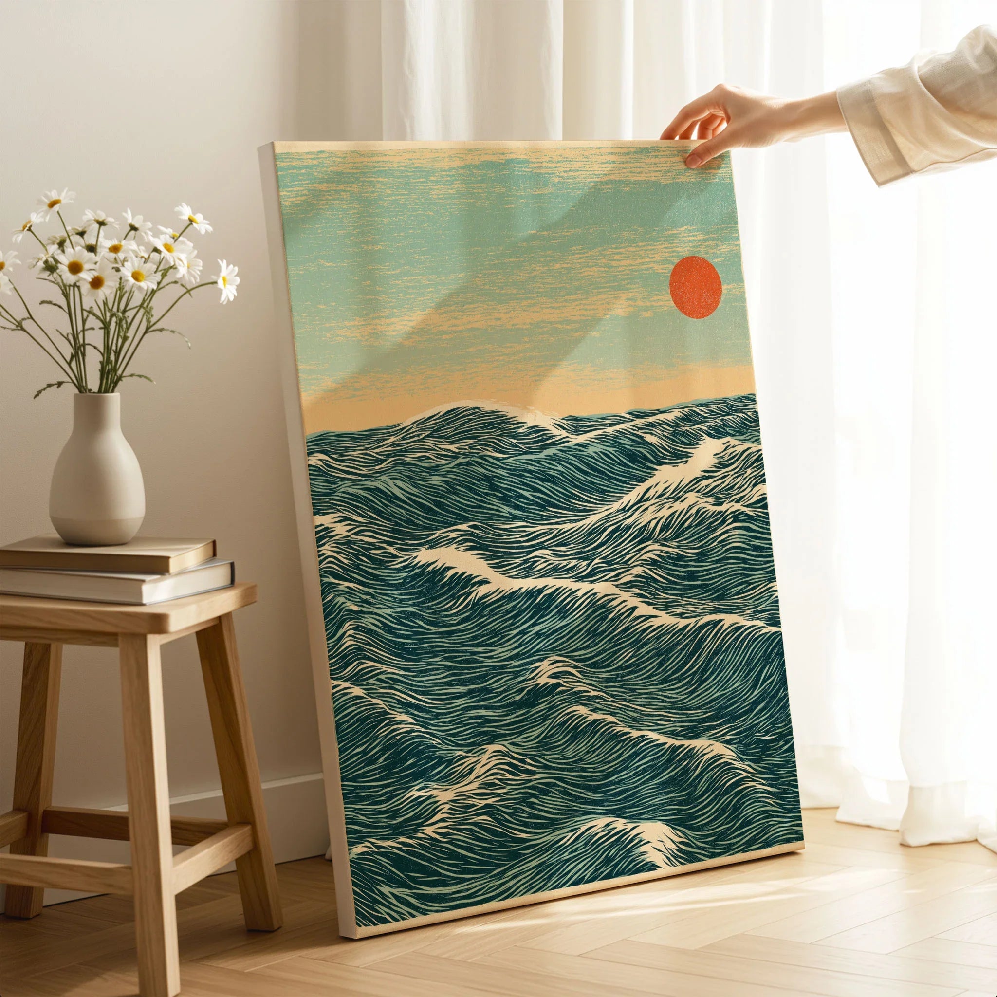 Red Sun Ocean Art Print – Japanese Seascape Wall Art — canvas print mirror edge hand holding room setting