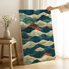 Linocut Style Ocean Art Print – Japanese Wave Pattern Wall Art — canvas print mirror edge hand holding room setting