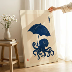 Octopus with Umbrella Art Print – Blue Japanese Wall Art — canvas print mirror edge hand holding room setting