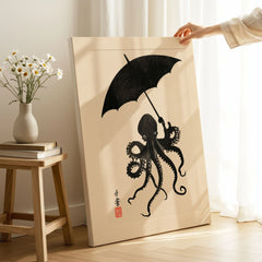 Octopus Umbrella Wall Art – Black Japanese Woodblock Print — canvas print mirror edge hand holding room setting